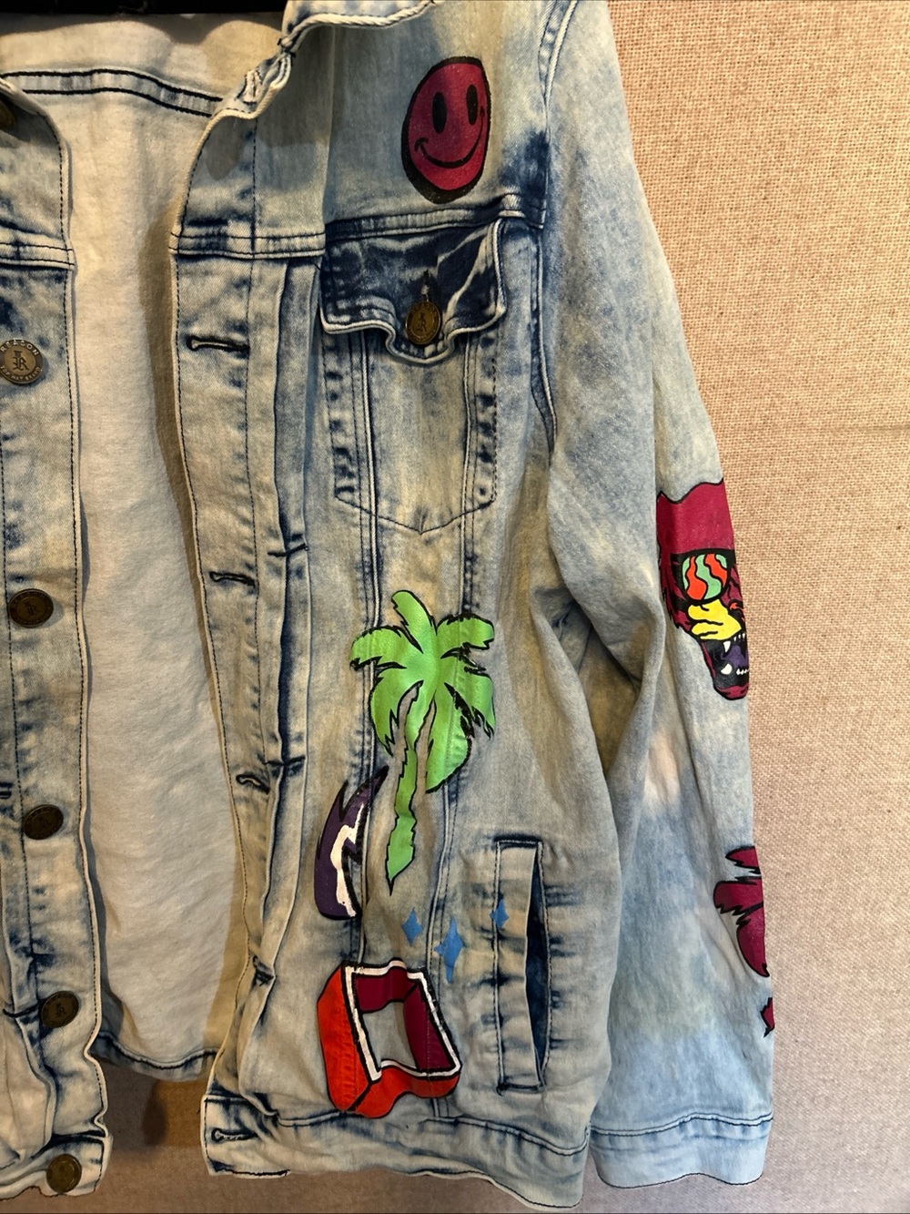 REASON Light Wash Denim Jacket with Multicolor Patches - Picture 4 of 10